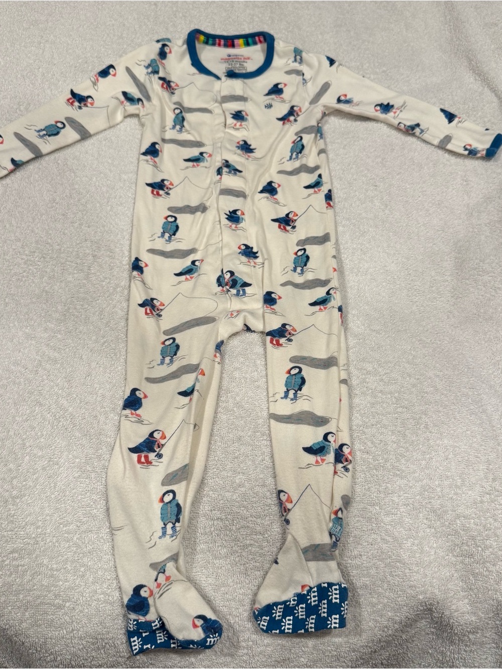 Magnetic Me Cream Puffin Print Footed Sleeper Navy Trim Winter Holidays 12-18m